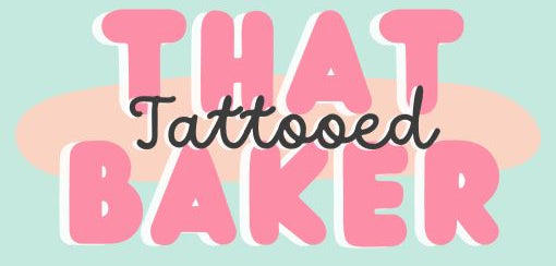 Logo for 'That Tattooed Baker' with pink and black text on a light blue background